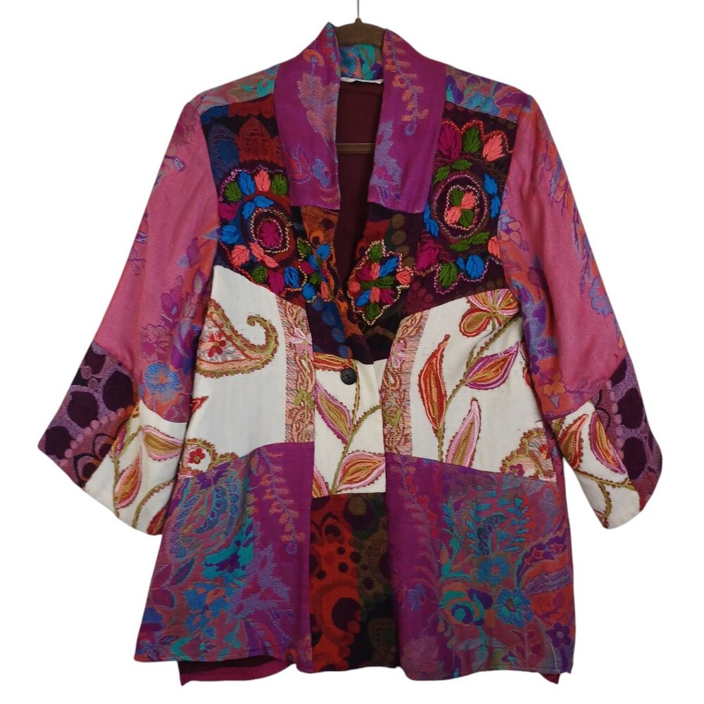 Soft Surroundings Jacket Pink Paisley Patchwork Boho Embroidered Womens Small‎